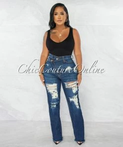 Chic Couture Online Herra Dark Blue Denim Destroyed Boyfriend Jeans JUST IN