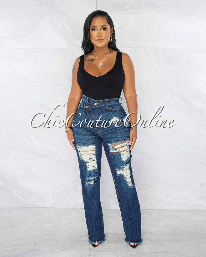 Chic Couture Online Herra Dark Blue Denim Destroyed Boyfriend Jeans JUST IN
