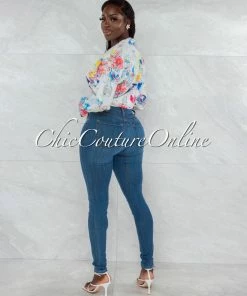 Vendor-unknown Santana White Multi-Color Print Front Tie Blouse