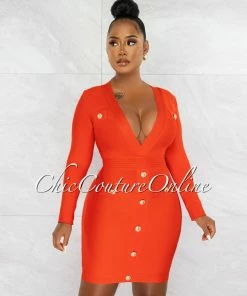 Chic Couture Online Omega Red Gold Buttons Décor Bandage Dress