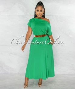 Chic Couture Online Stassie Kelly Green Side Slit Midi Dress