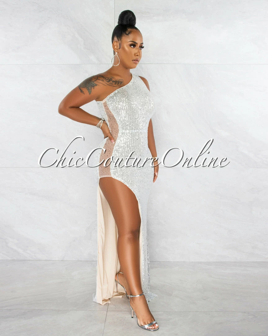 Vendor-unknown JUST IN Trinity Nude Silver Sequins Pearl Mesh Side Maxi Dress