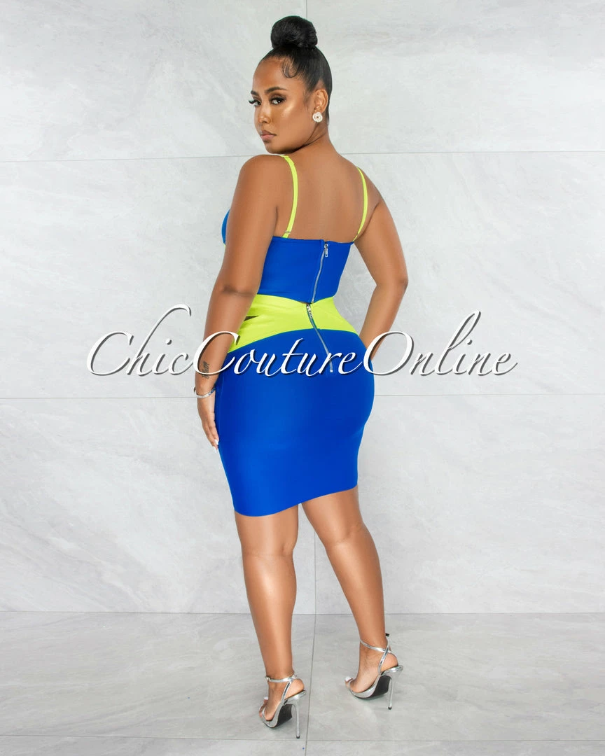 Chic Couture Online Marshae Blue Neon Lime Two-Tone Bandage Two Piece Set
