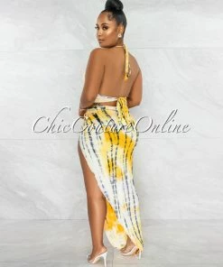 Chic Couture Online JUST IN Alysia Yellow Tie-Dye Crop Top & Maxi Slit Skirt Set