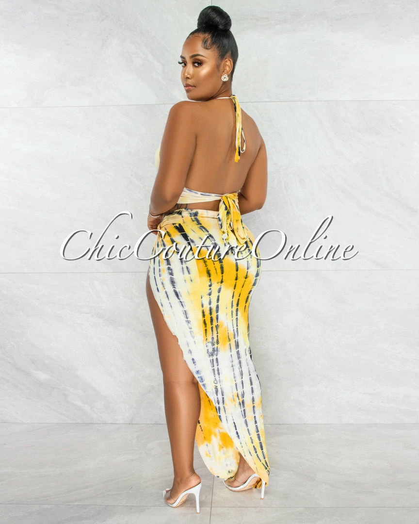 Chic Couture Online JUST IN Alysia Yellow Tie-Dye Crop Top & Maxi Slit Skirt Set