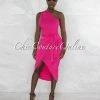 Vendor-unknown Twyla Hot Pink Single Shoulder Front Slit Midi Dress