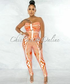 Chic Couture Online JUST IN Lynna Orange White Crop Top & Corset Style Leggings Set