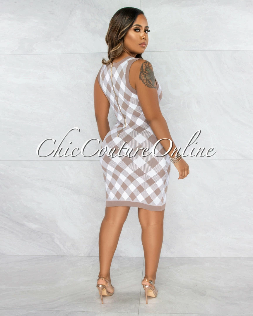 Chic Couture Online Elissa Taupe White Plaid Knit Dress