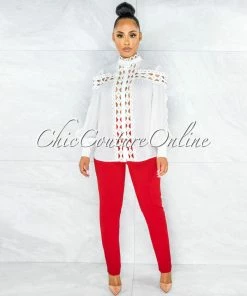 Vendor-unknown JUST IN Zerelda Off-White Crochet Accent Buttoned Sheer Blouse