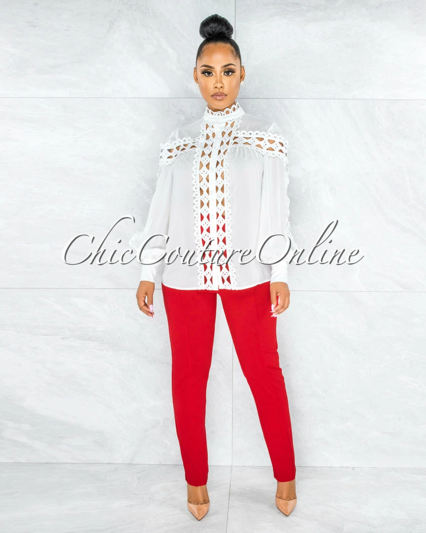 Vendor-unknown JUST IN Zerelda Off-White Crochet Accent Buttoned Sheer Blouse