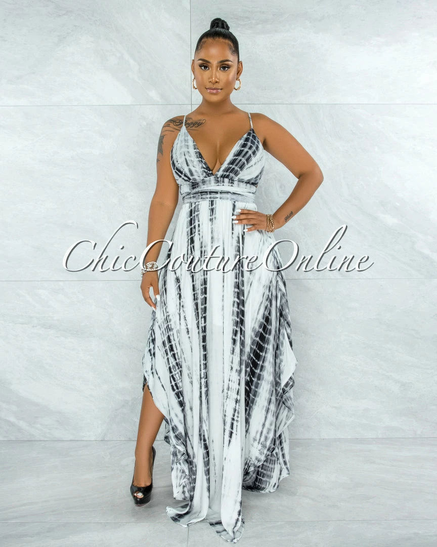 Vendor-unknown Urika Black White Tie-Dye Halter Maxi Dress JUST IN