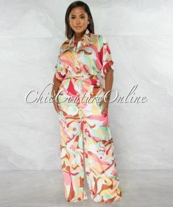 Chic Couture Online Tanysa Salmon Floral Print Waist Tie Silky Jumpsuit JUST IN