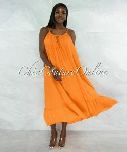 Vendor-unknown JUST IN Nassar Orange Braid Straps Ruffle Hem Maxi LINEN Dress