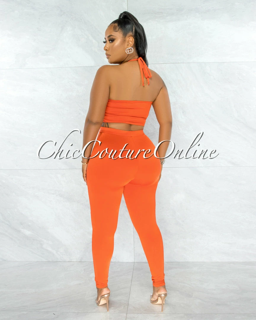 Chic Couture Online Hudel Orange Bust Key-Hole Crop Top & Double Lined Leggings Set JUST IN