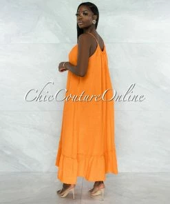 Vendor-unknown JUST IN Nassar Orange Braid Straps Ruffle Hem Maxi LINEN Dress