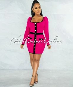 Chic Couture Online Frame Fuchsia Black Trim Gold Buttons Knit Dress JUST IN