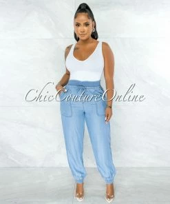 Chic Couture Online Nanette Light Blue Chambray Jogger Pants JUST IN