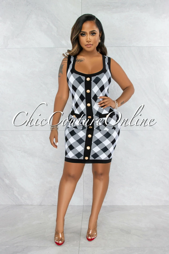 Chic Couture Online Elissa Black White Plaid Knit Dress