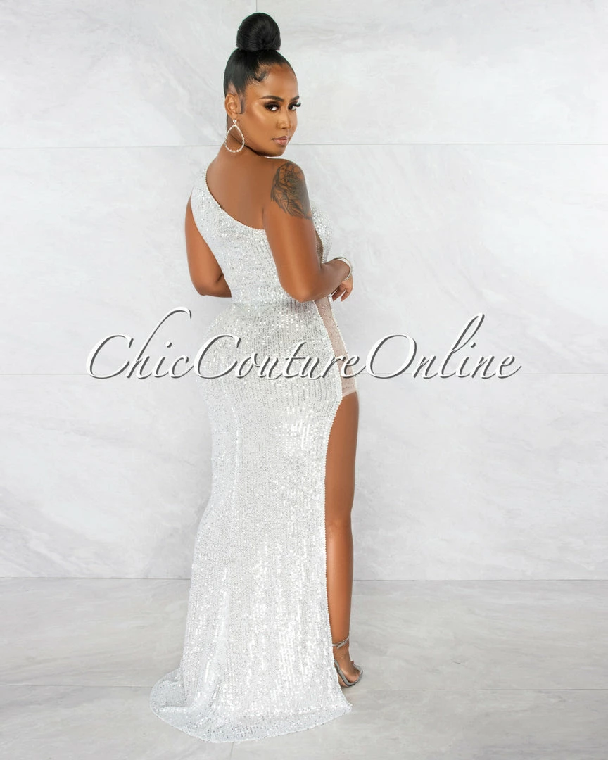 Vendor-unknown JUST IN Trinity Nude Silver Sequins Pearl Mesh Side Maxi Dress