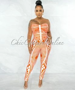 Chic Couture Online JUST IN Lynna Orange White Crop Top & Corset Style Leggings Set