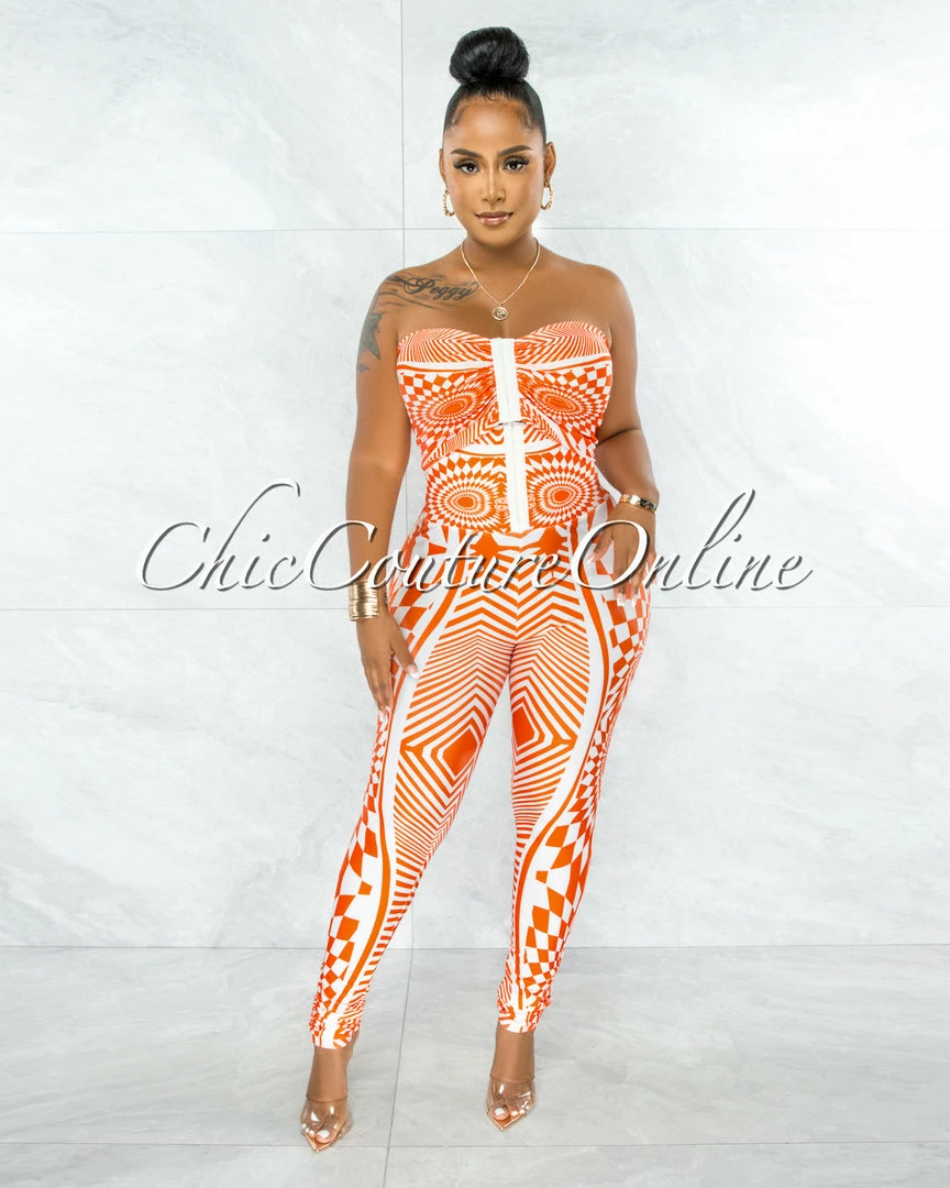Chic Couture Online JUST IN Lynna Orange White Crop Top & Corset Style Leggings Set