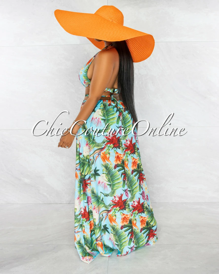 Chic Couture Online Fergie Turquoise Floral Print O-Ring Cut-Out Maxi Bodysuit Dress