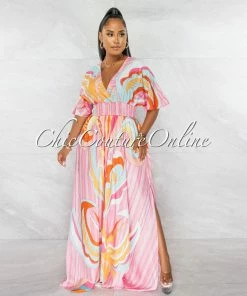 Chic Couture Online JUST IN Laribel Pink Multi-Color Print Smocked Waist Maxi Silky Dress
