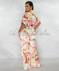 Chic Couture Online Tanysa Salmon Floral Print Waist Tie Silky Jumpsuit JUST IN