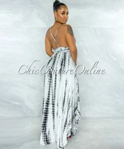 Vendor-unknown Urika Black White Tie-Dye Halter Maxi Dress JUST IN