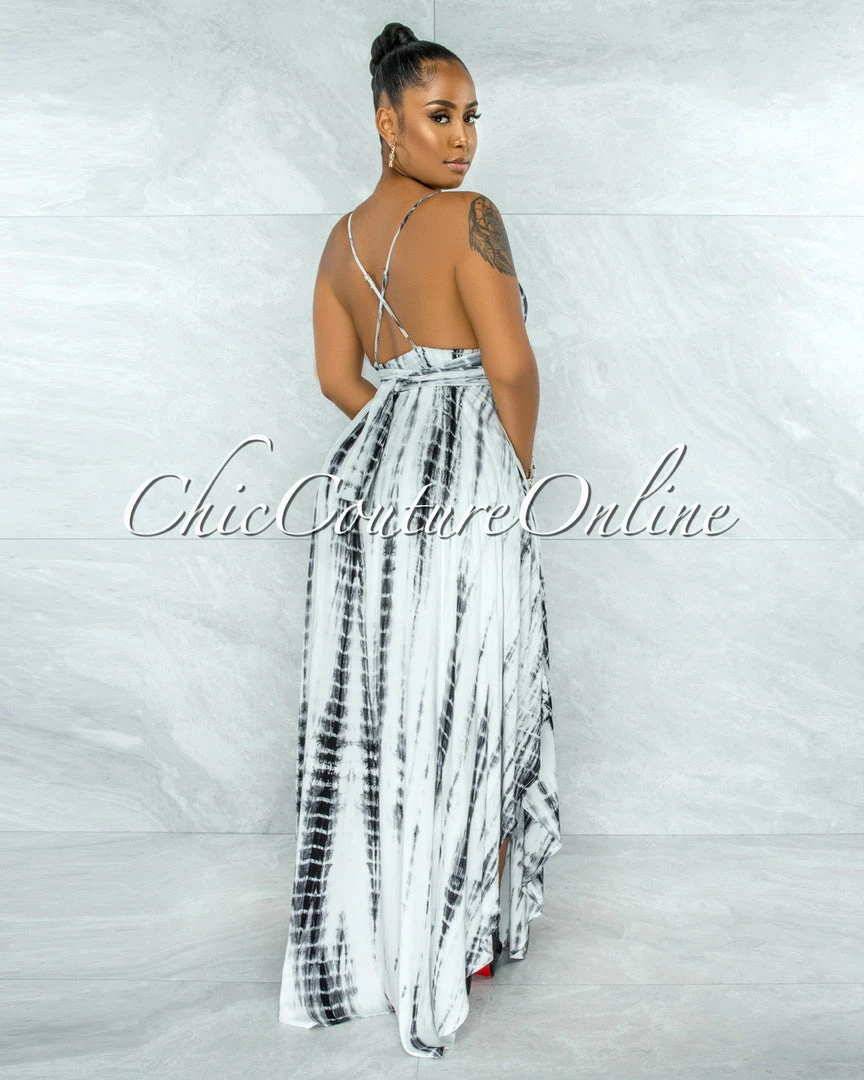 Vendor-unknown Urika Black White Tie-Dye Halter Maxi Dress JUST IN