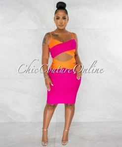 Chic Couture Online Marshae Fuchsia Orange Two-Tone Bandage Two Piece Set