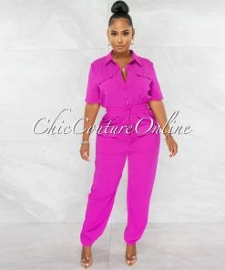 Chic Couture Online Billie Magenta Cargo Pockets Utility Jumpsuit JUST IN
