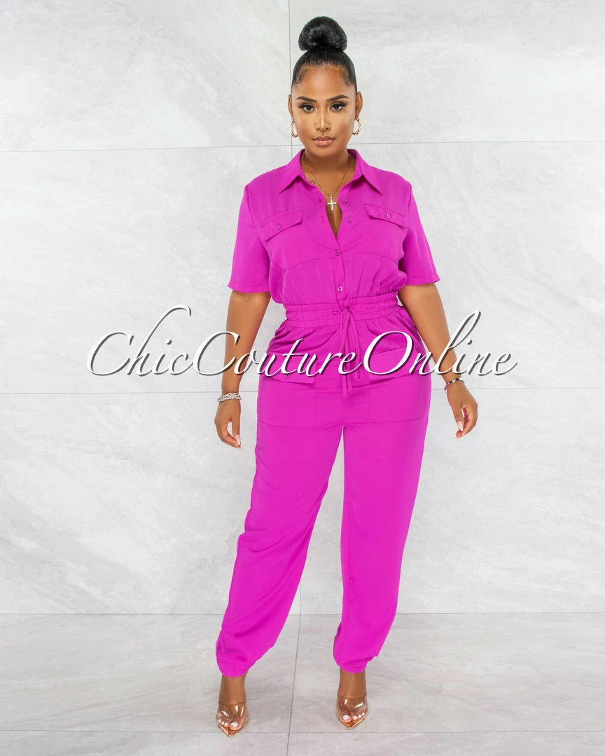 Chic Couture Online Billie Magenta Cargo Pockets Utility Jumpsuit JUST IN