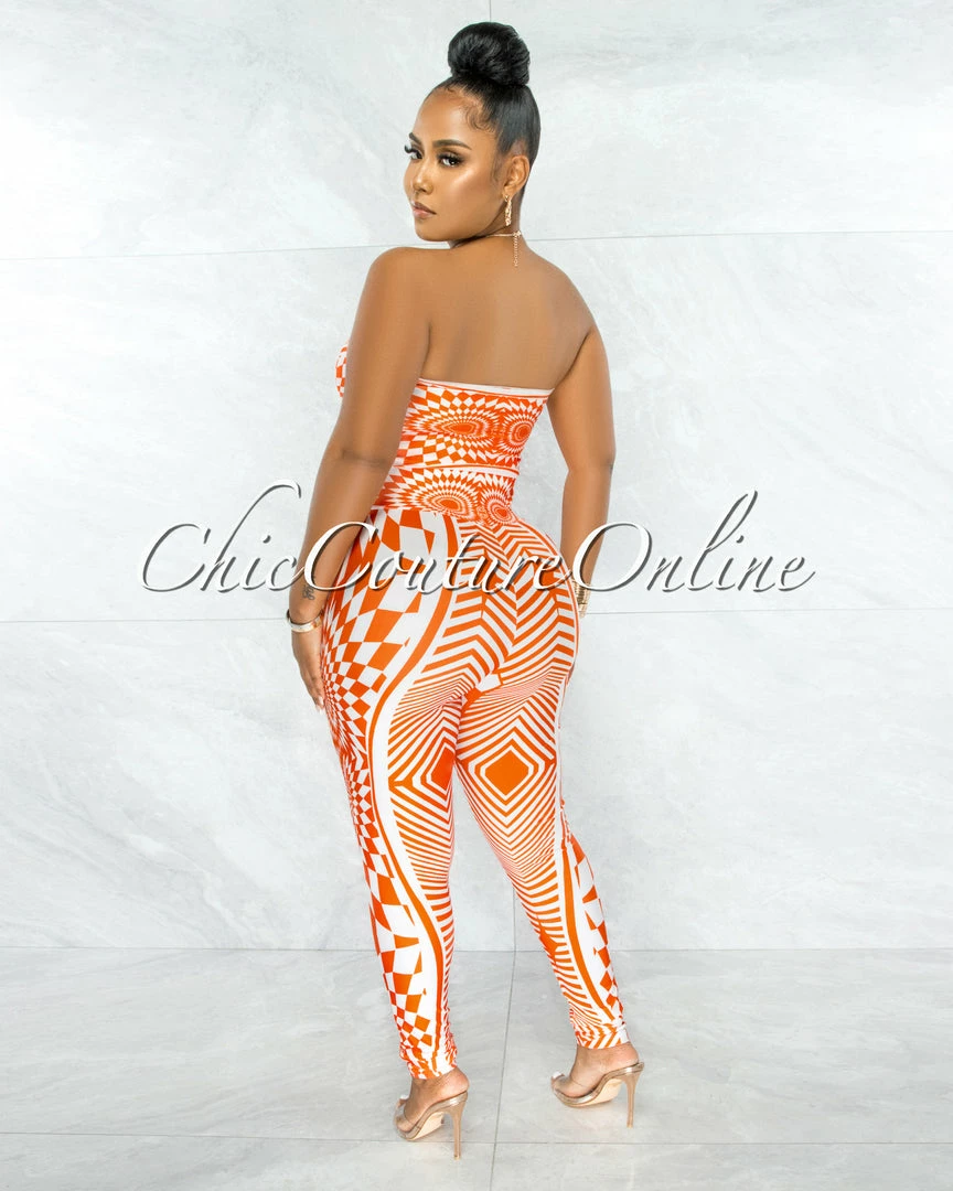 Chic Couture Online JUST IN Lynna Orange White Crop Top & Corset Style Leggings Set