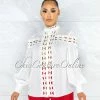 Vendor-unknown JUST IN Zerelda Off-White Crochet Accent Buttoned Sheer Blouse