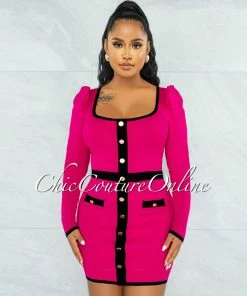 Chic Couture Online Frame Fuchsia Black Trim Gold Buttons Knit Dress JUST IN