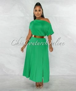 Chic Couture Online Stassie Kelly Green Side Slit Midi Dress