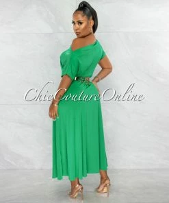 Chic Couture Online Stassie Kelly Green Side Slit Midi Dress