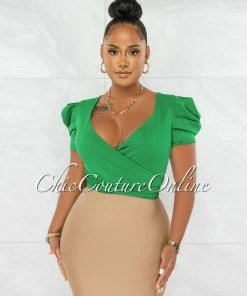 Chic Couture Online Sharlyn Green Waist Tie Puffy Sleeves Crop Top
