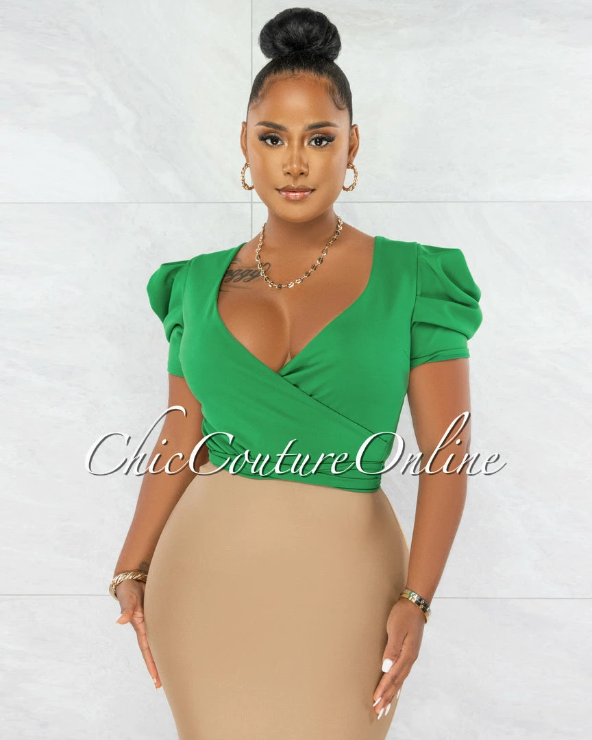 Chic Couture Online Sharlyn Green Waist Tie Puffy Sleeves Crop Top
