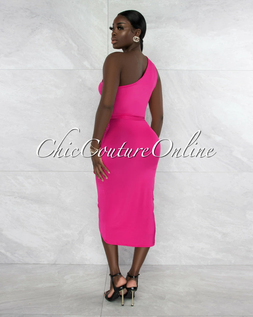 Vendor-unknown Twyla Hot Pink Single Shoulder Front Slit Midi Dress