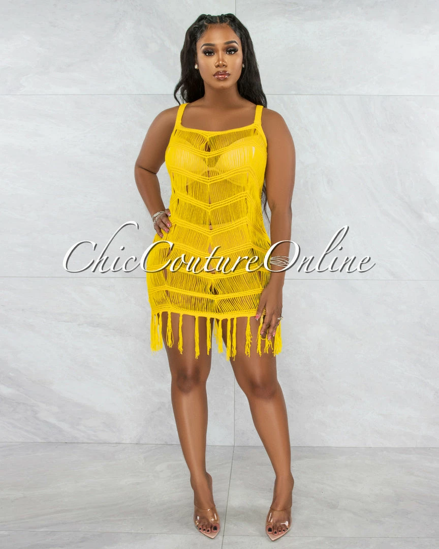 Vendor-unknown JUST IN Kelsie Yellow Crochet Fringe Cover-Up Dress