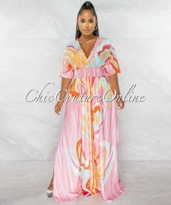 Chic Couture Online JUST IN Laribel Pink Multi-Color Print Smocked Waist Maxi Silky Dress