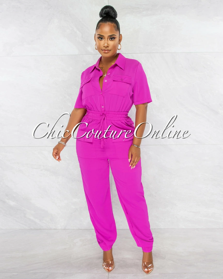 Chic Couture Online Billie Magenta Cargo Pockets Utility Jumpsuit JUST IN