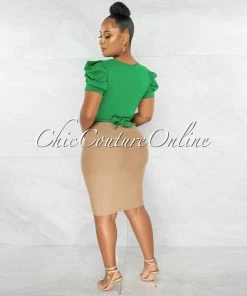 Chic Couture Online Sharlyn Green Waist Tie Puffy Sleeves Crop Top