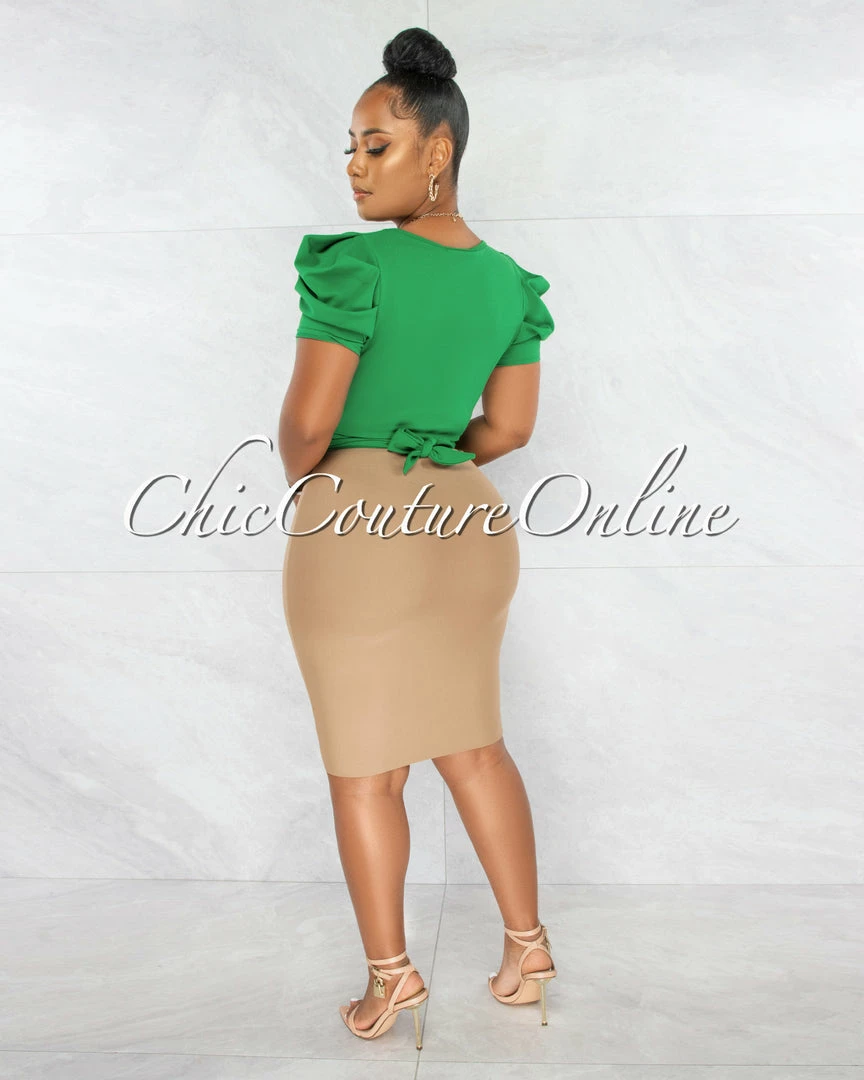 Chic Couture Online Sharlyn Green Waist Tie Puffy Sleeves Crop Top