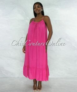 Vendor-unknown Nassar Fuchsia Braid Straps Ruffle Hem Maxi LINEN Dress