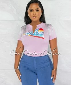 Chic Couture Online Barbie Pink Graphic Silver Shoulder Fringe T-Shirt JUST IN