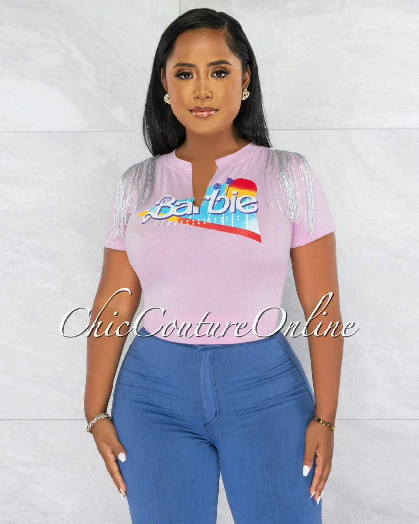 Chic Couture Online Barbie Pink Graphic Silver Shoulder Fringe T-Shirt JUST IN