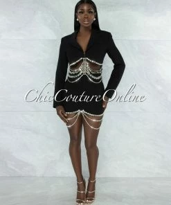 Vendor-unknown Influential Black Crop Blazer & Skirt Rhinestones Link Set